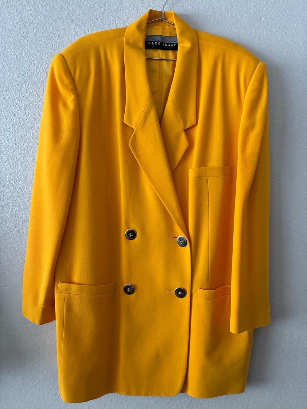 VTG 90s Ellen Tracy 12 Bright YL 💯 Wool Double-Breasted Blazer Silver Buttons